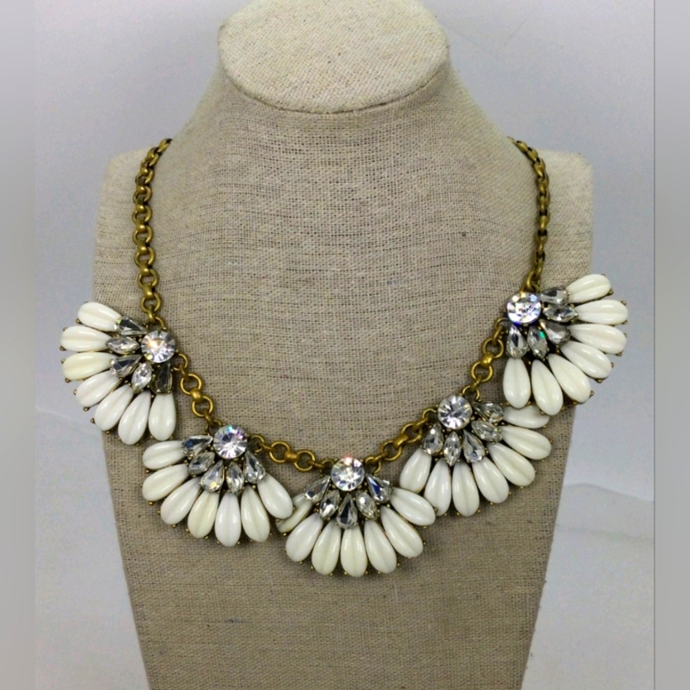 J. Crew Rhinestone White Flower Statement Necklace 20"